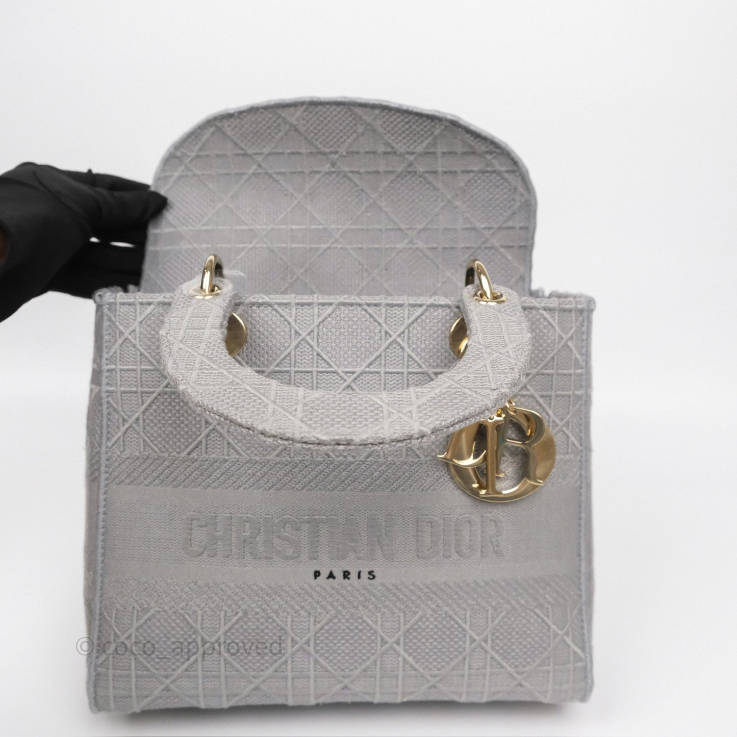 Dior Medium Lady D-Lite Bag Gray Cannage Embroidery Gold Hardware