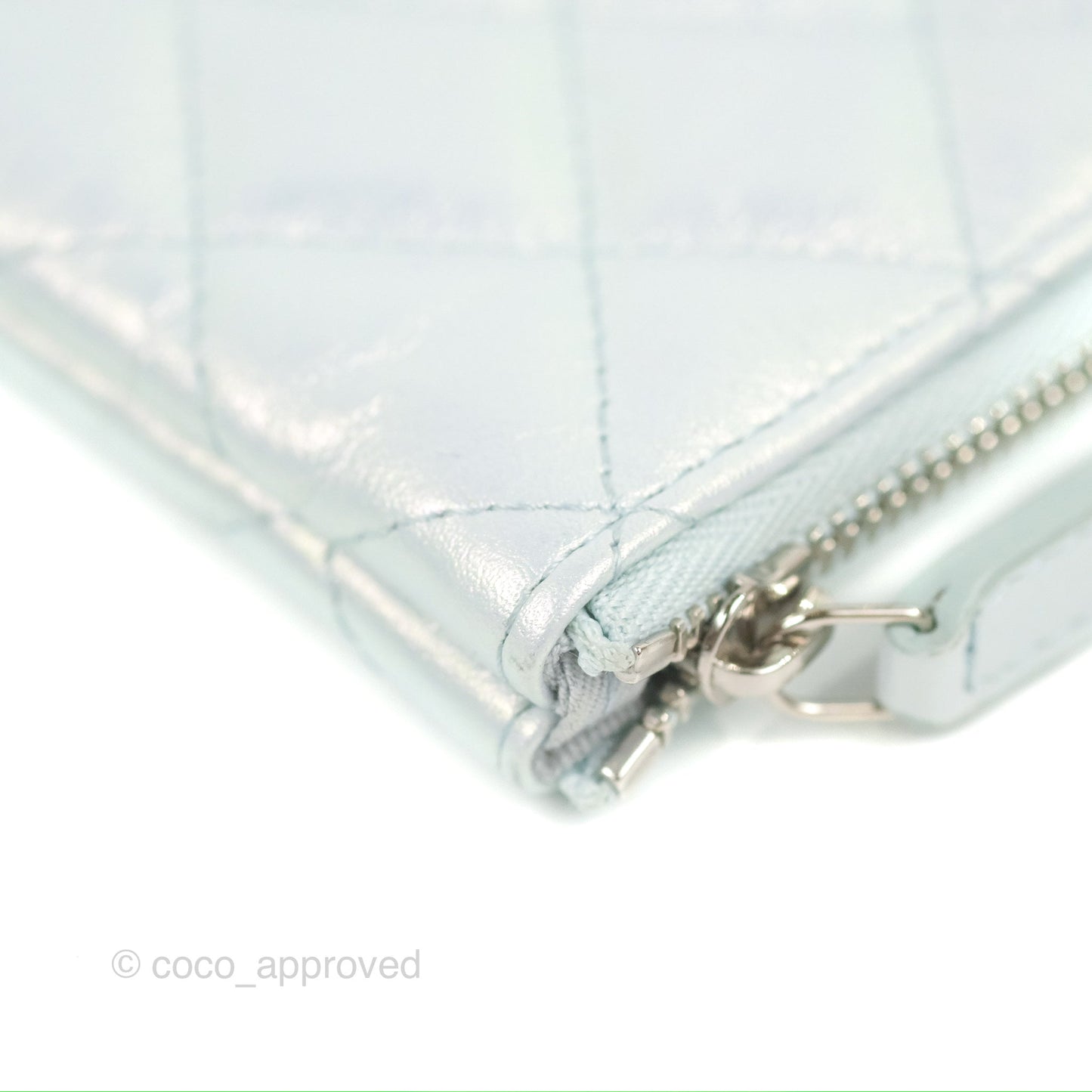 Chanel Quilted Mini O Case Iridescent Icy Blue Calfskin Silver Hardware