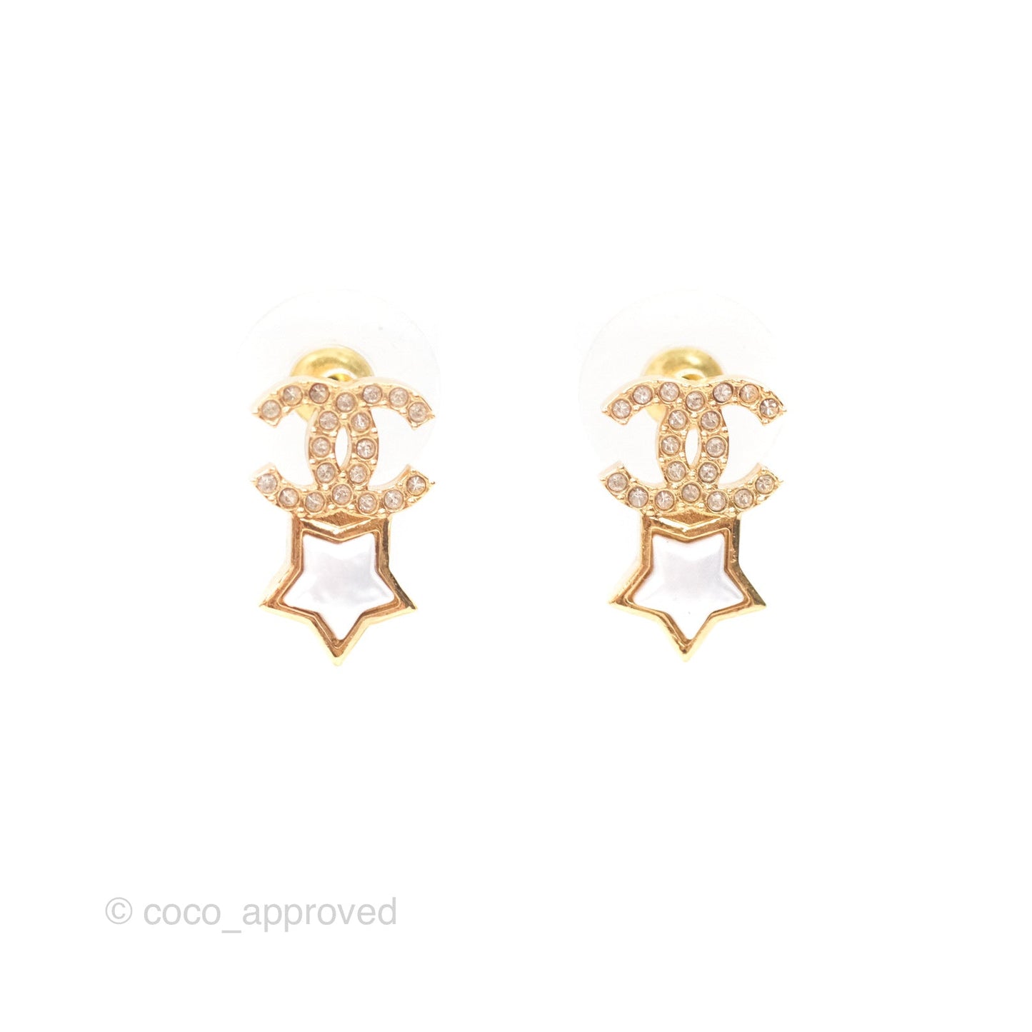 Chanel Crystal CC Star Earrings Gold Tone 24C