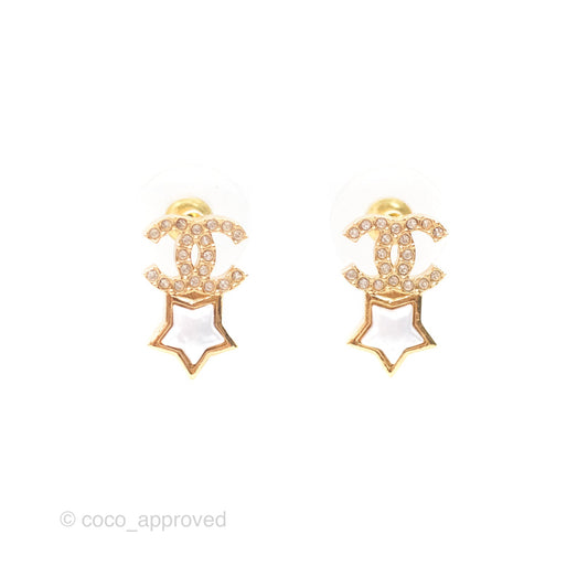 Chanel Crystal CC Star Earrings Gold Tone 24C