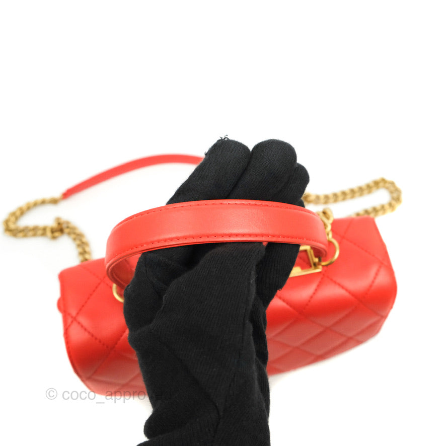 Chanel Top Handle Flap Bag Red Lambskin Aged Gold Hardware