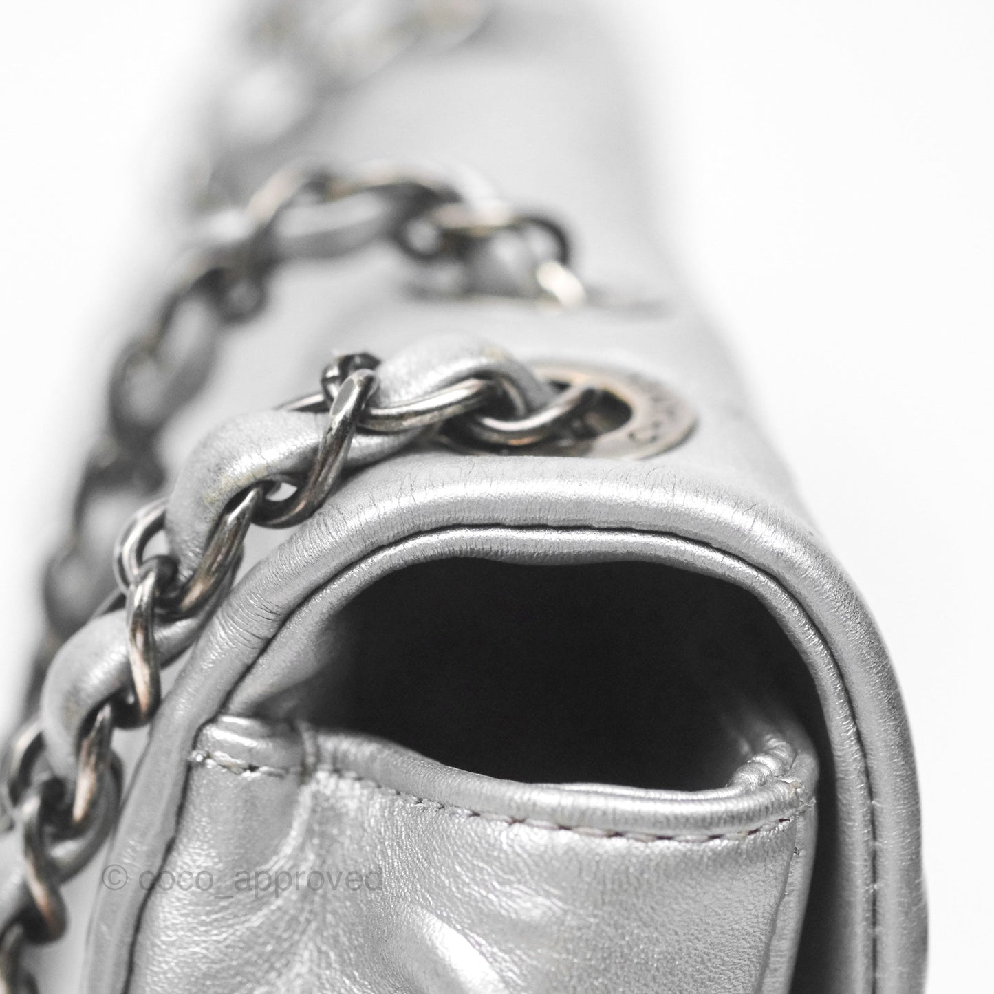 Chanel Medium Single Flap Embossed Metallic Silver Lambskin Ruthenium Hardware
