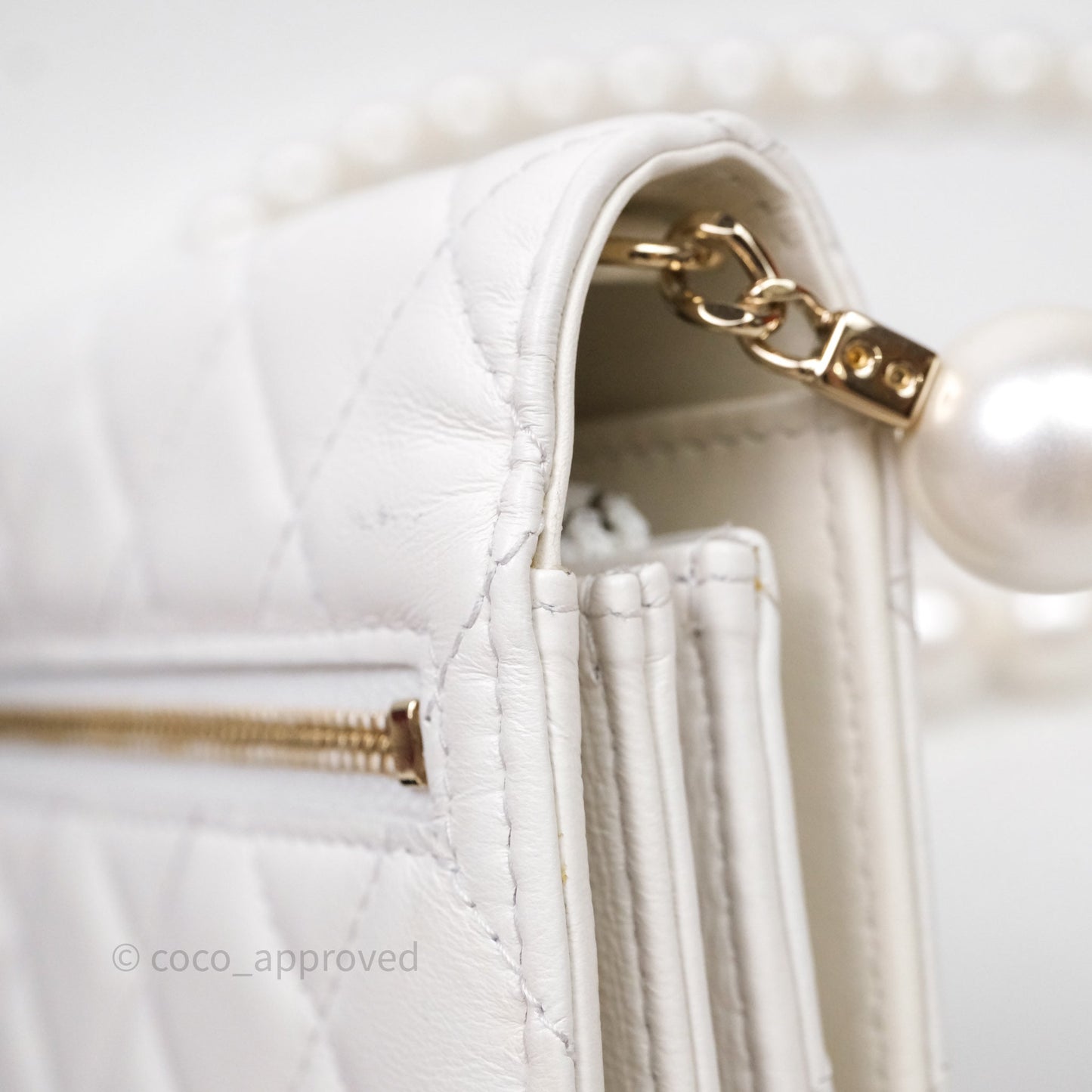 Chanel Mini Wallet On Large Pearl Chain WOC Quilted White Lambskin Gold Hardware