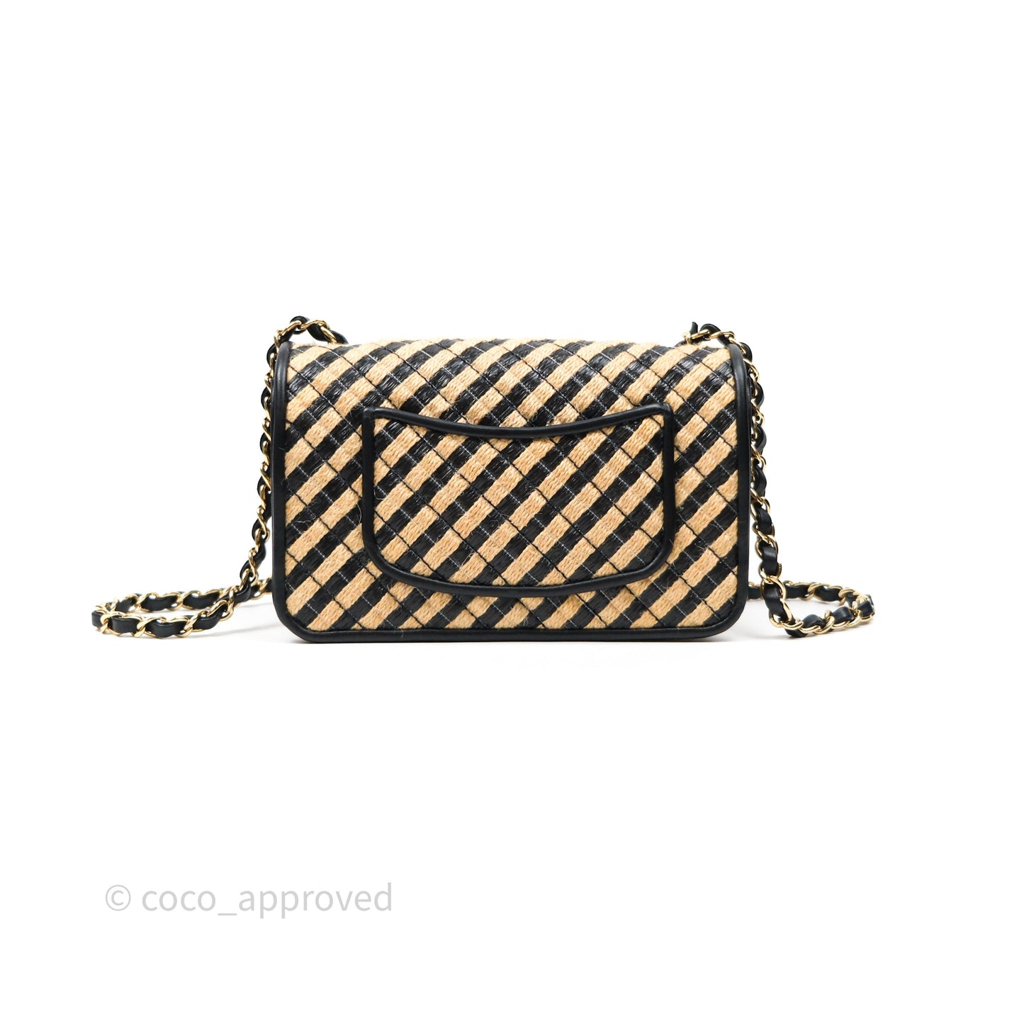 Chanel Quilted Mini Rectangular Flap Raffia Jute Thread Black & Beige Gold Hardware