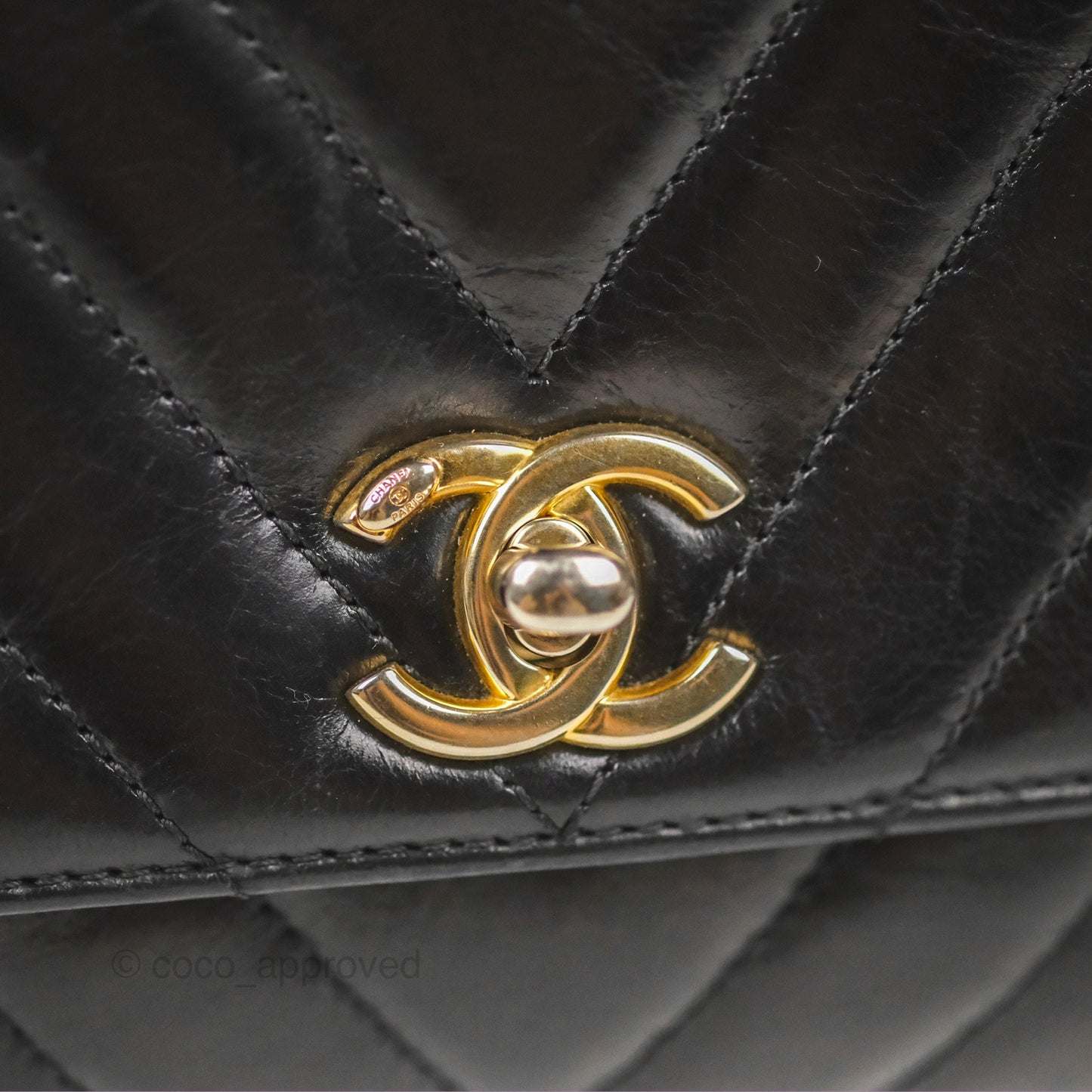 Chanel Chevron Small Coco Handle Black Shiny Aged Calfskin Aged Gold Hardware’s