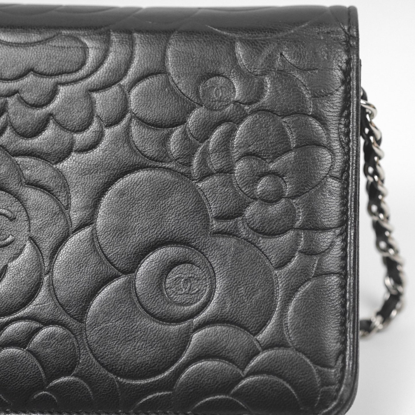 Chanel Camellia Embossed Wallet on Chain WOC Black Lambskin Silver Hardware