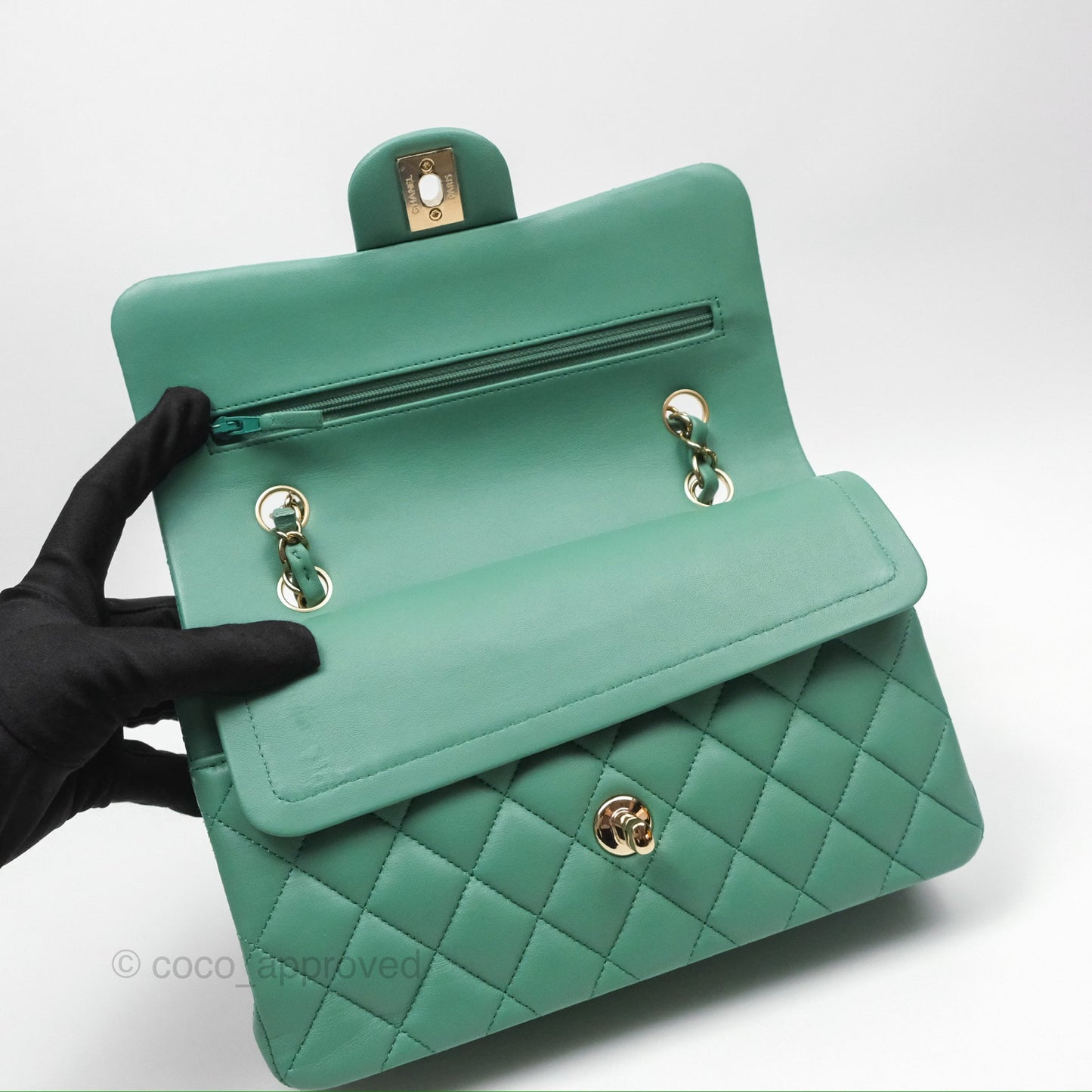 Chanel Small S/M Classic Flap Green Lambskin Gold Hardware