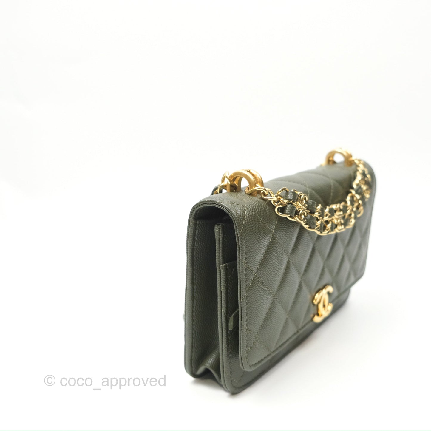Chanel Coco First Wallet On Chain WOC Dark Olive Green Caviar Gold Hardware 22K