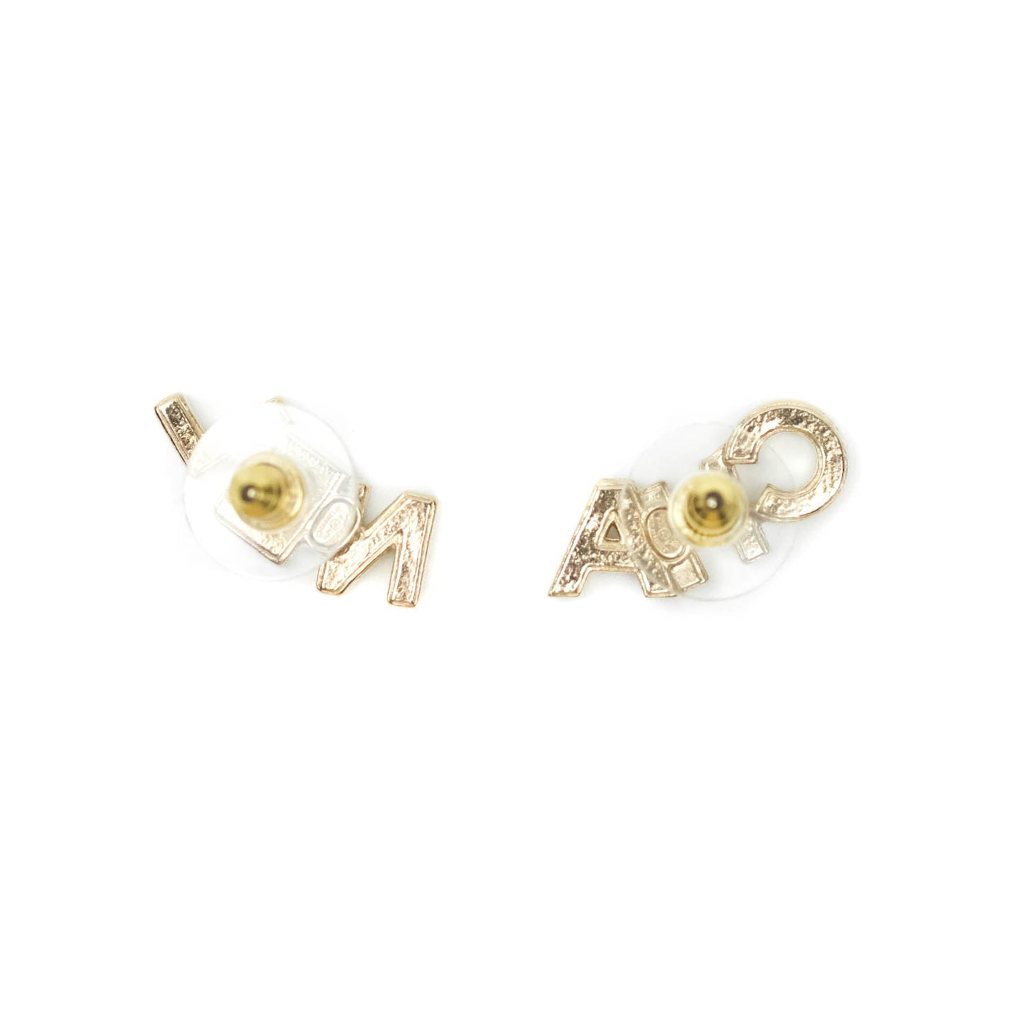Chanel Crystal Pearl Signature Stud Earrings Gold Tone 21V