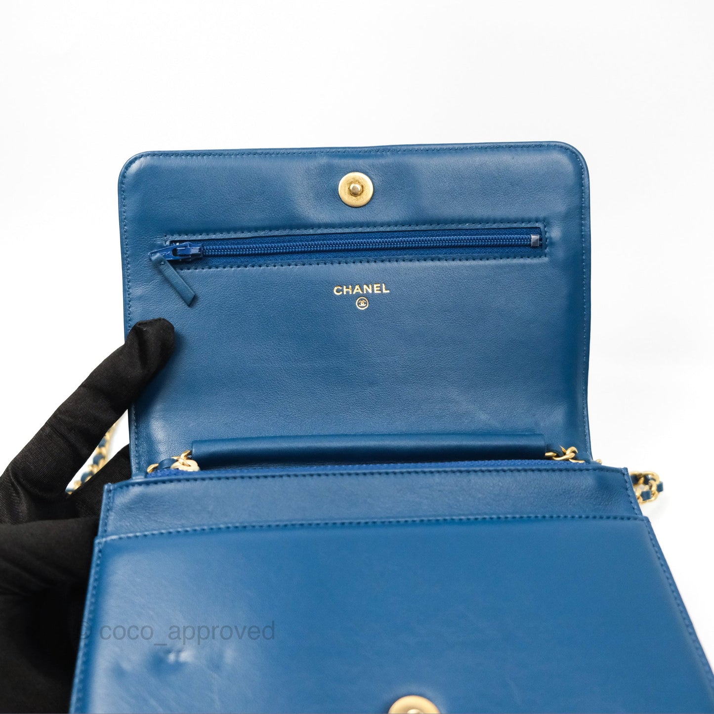 Chanel Quilted Boy Wallet on Chain WOC Blue Calfskin Aged Gold Hardware