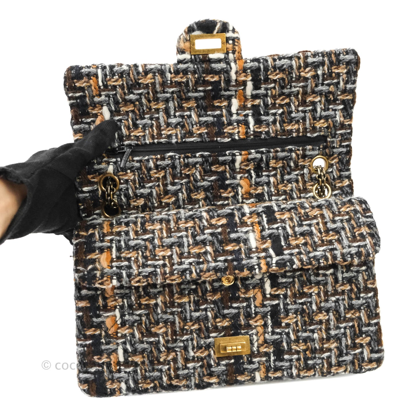 Chanel Quilted Reissue 226 Tweed Navy Brown Aged Gold Hardware