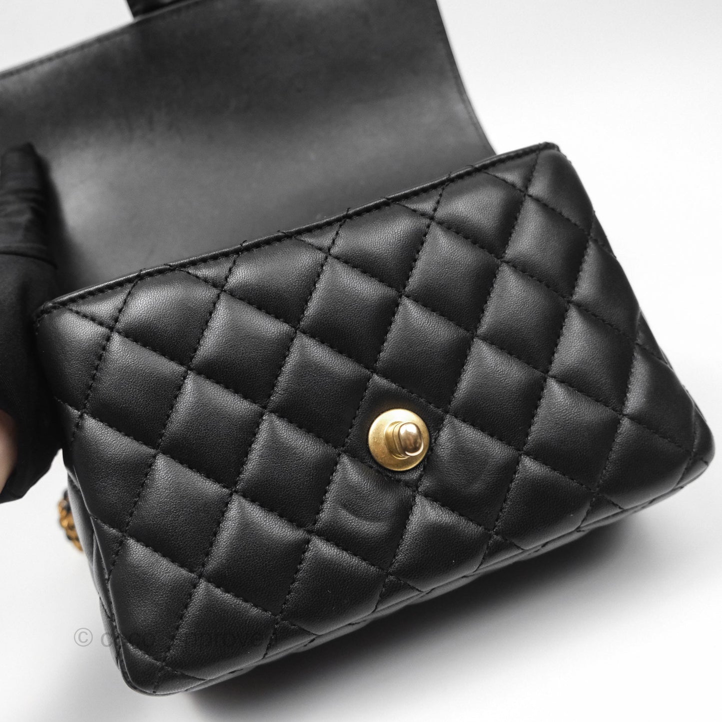 Chanel Flap Bag with Logo Enamel Chain Black Lambskin 22B