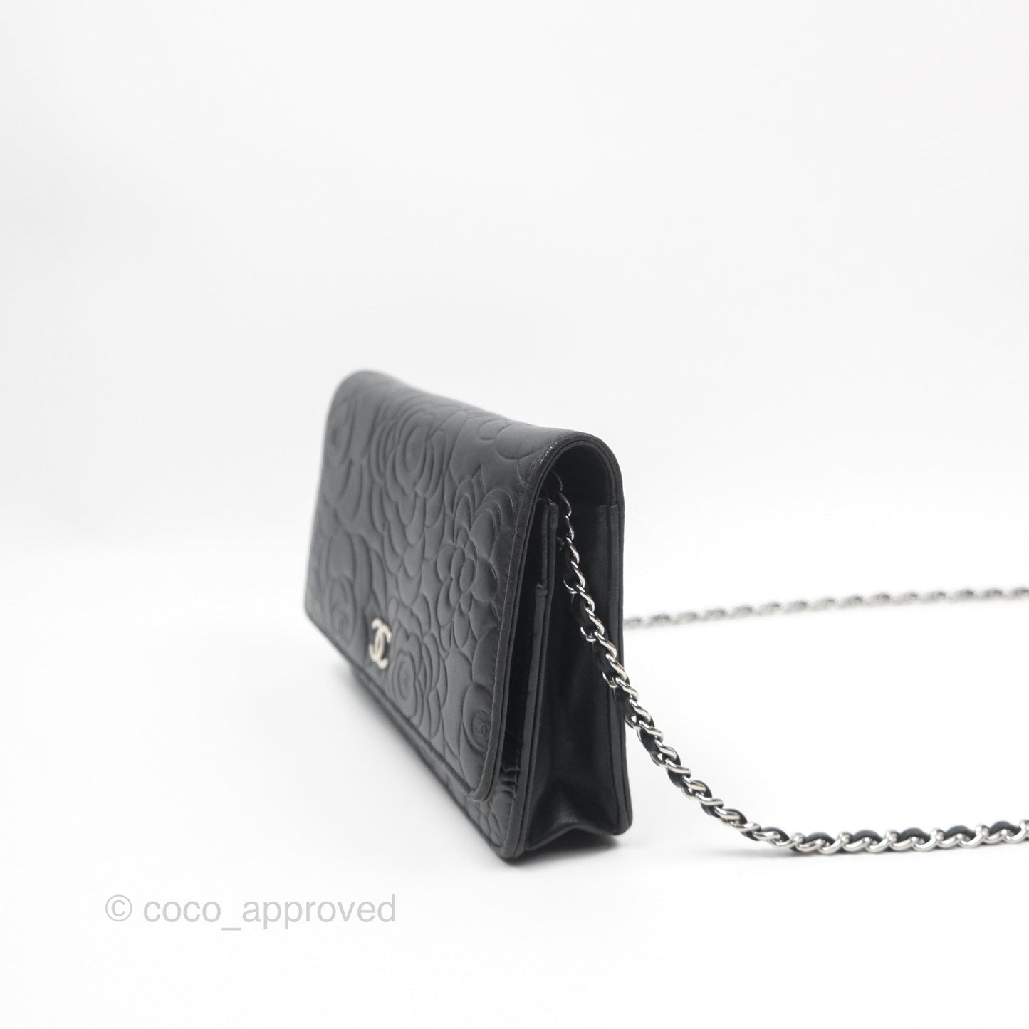 Chanel Camellia Embossed Wallet on Chain WOC Black Lambskin Silver Hardware