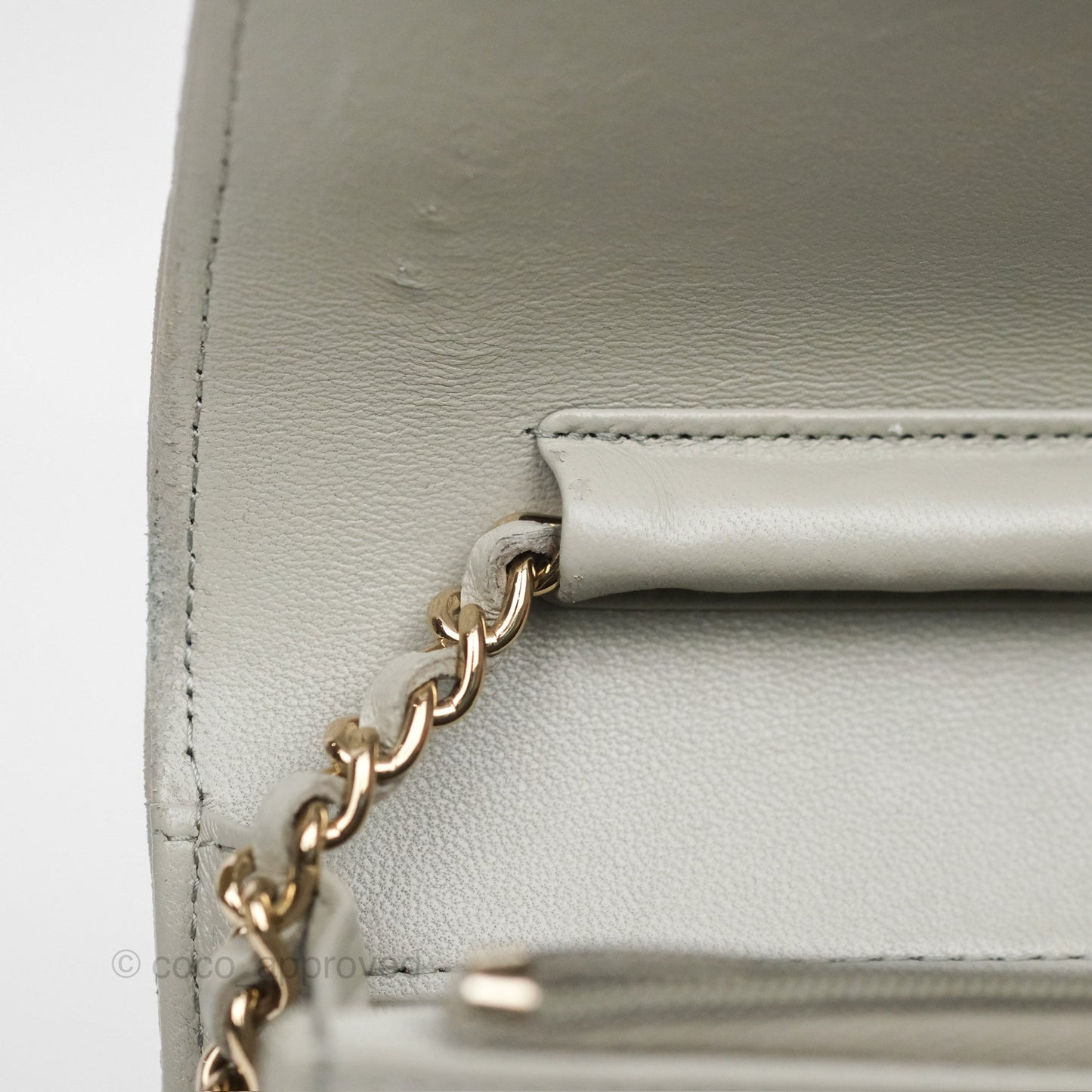 Chanel Classic Quilted Wallet on Chain WOC Light Grey Lambskin Gold Hardware