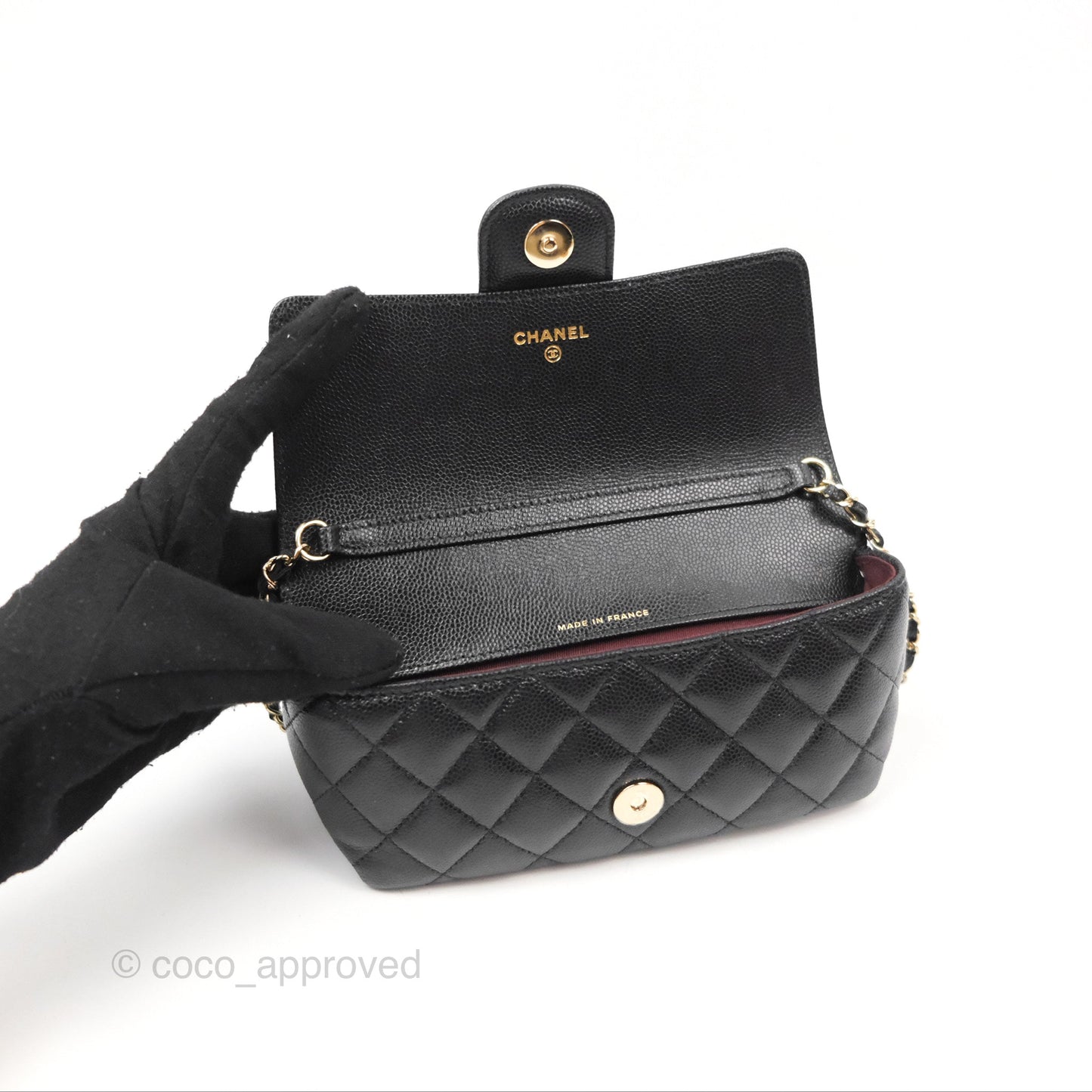 Chanel Quilted Glasses Case With Chain Black Caviar Gold Hardware