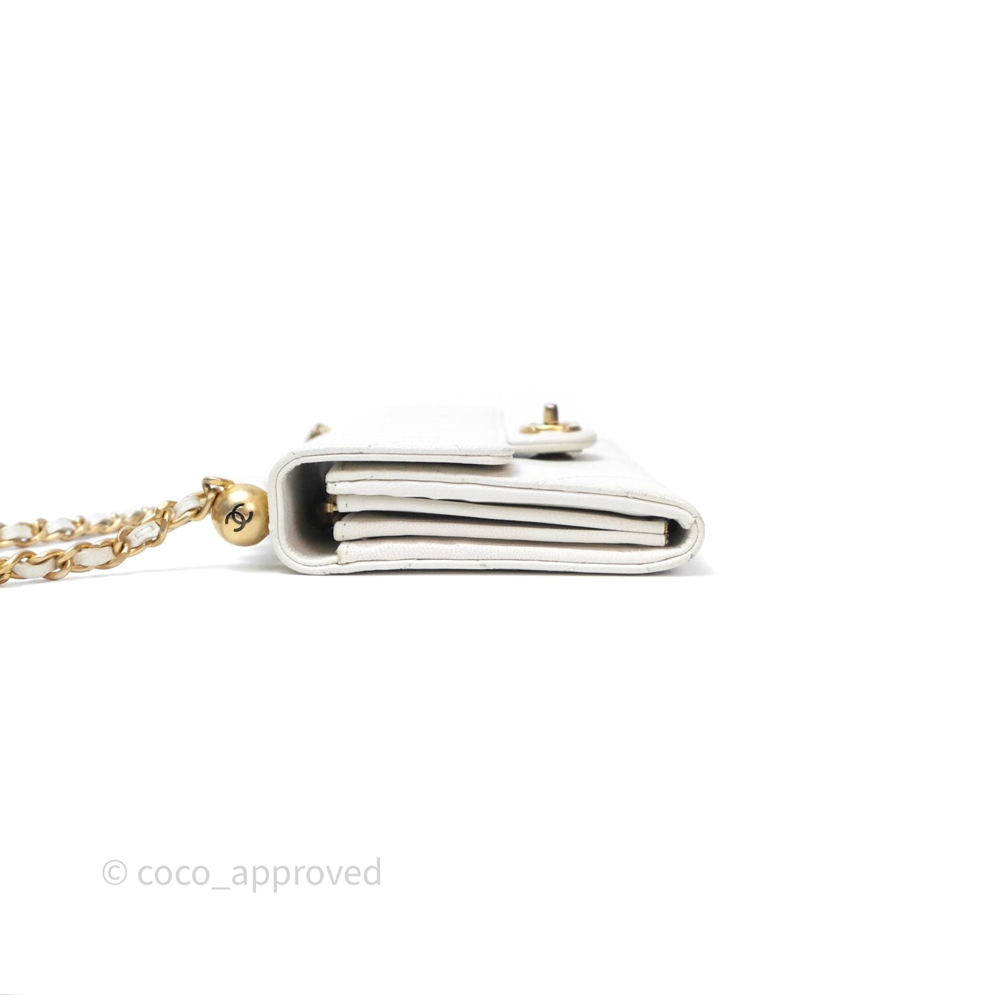 Chanel Quilted Mini Chic Pearls Flap Wallet On Chain WOC White Goatskin Aged Gold Hardware