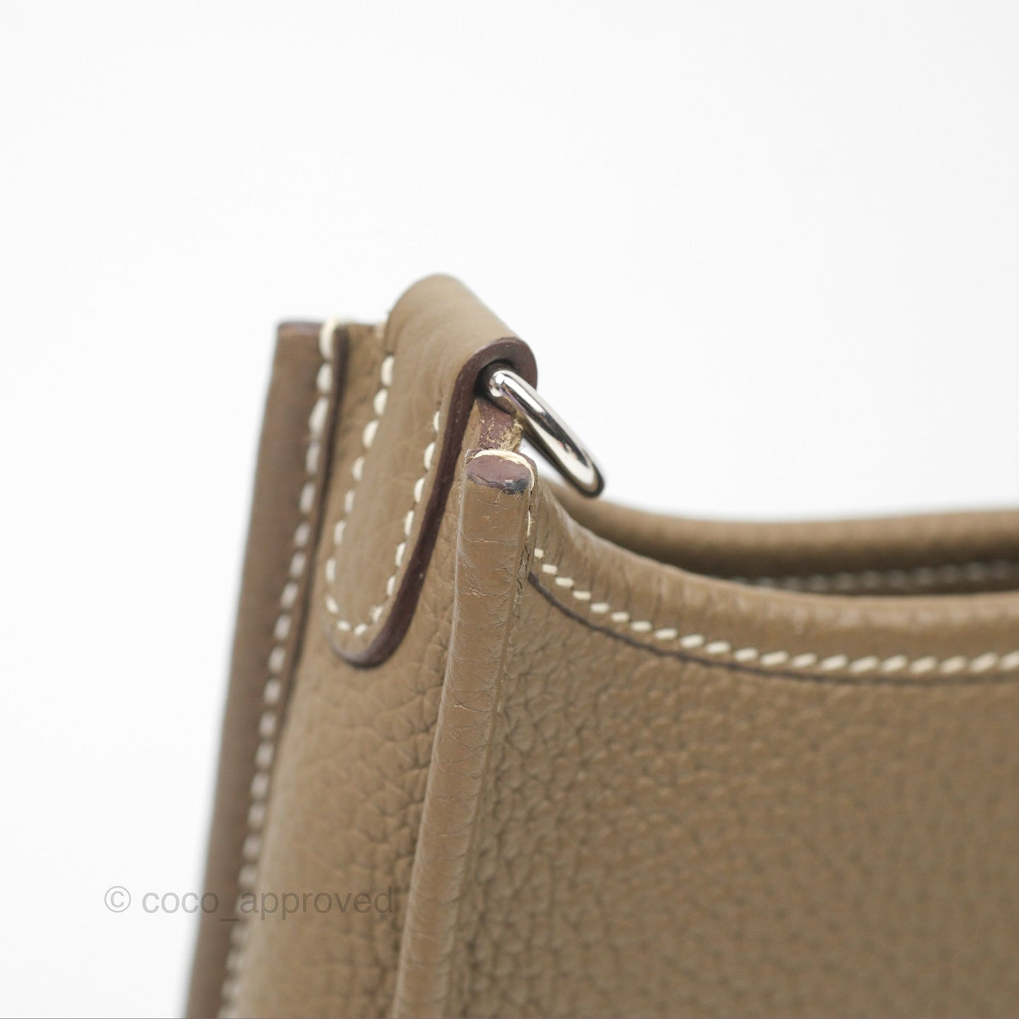 Hermès Mini Evelyne Etoupe Clemence Palladium Hardware with Bleu Indigo Strap