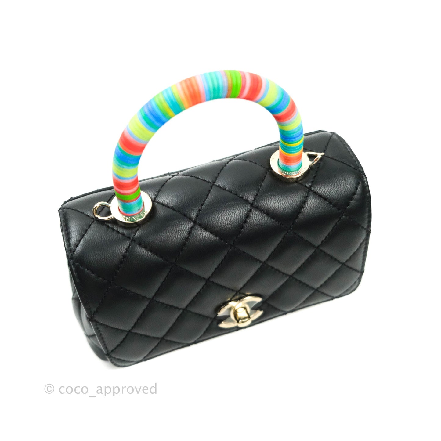 Chanel Quilted Extra Mini Rainbow Coco Handle Bag Lambskin Black Gold Hardware