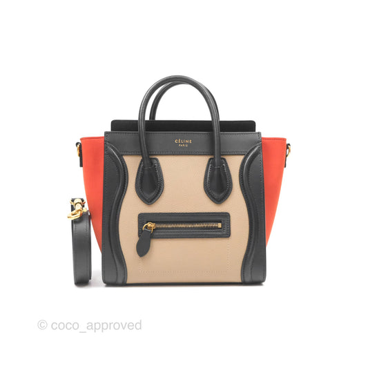 Celine Nano Luggage Grained Calfskin Gold Hardware Orange/Black/Beige