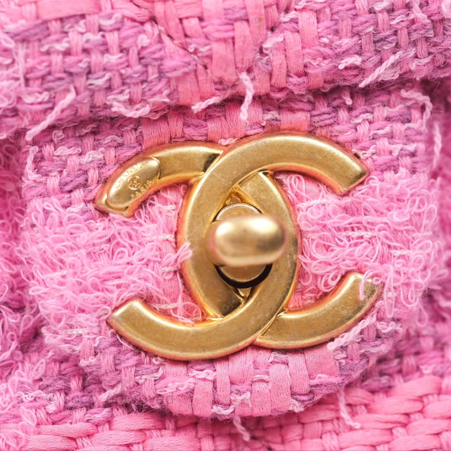 Chanel Mini Flap Bag with Pearl Chain Pink Tweed Aged Gold Hardware
