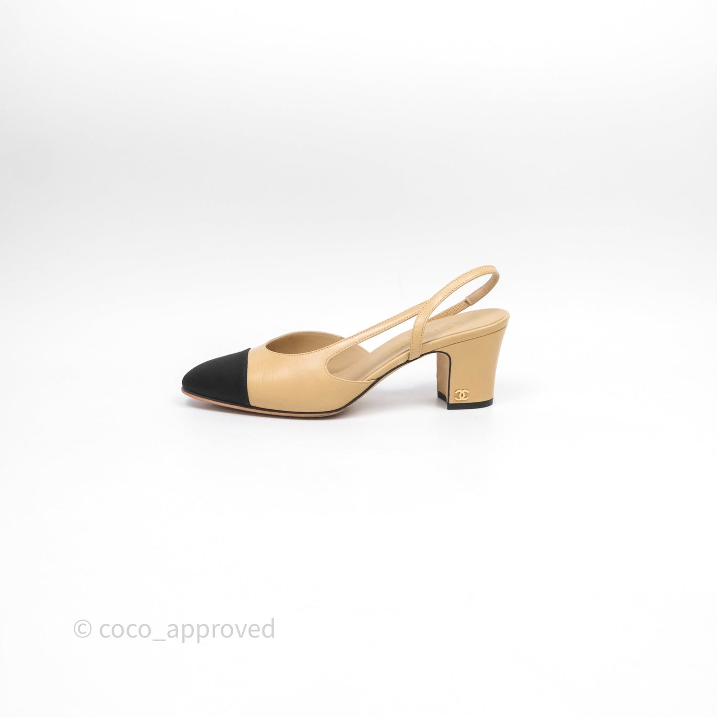 Chanel Classic Slingback Beige Black Leather Size 37
