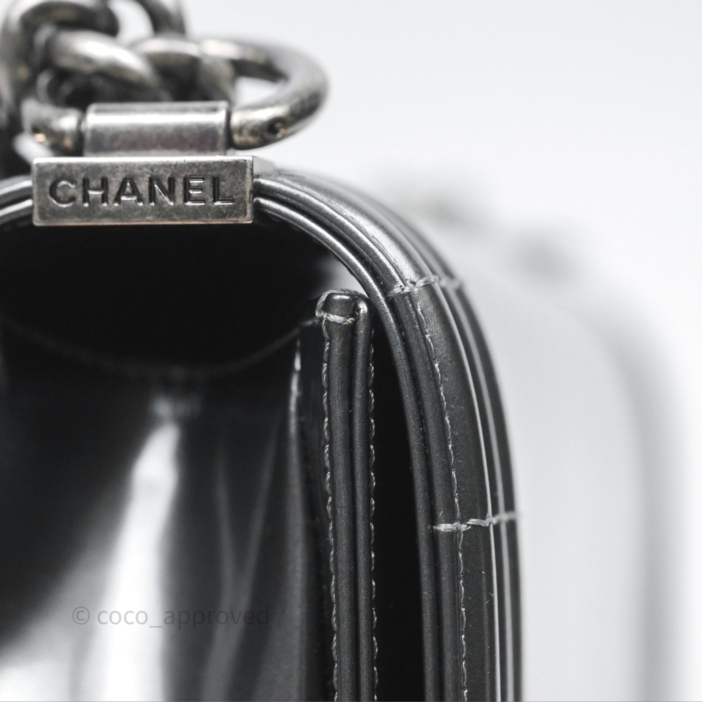 Chanel Medium Boy Metallic Dark Grey Iridescent Glazed Calfskin Ruthenium Hardware