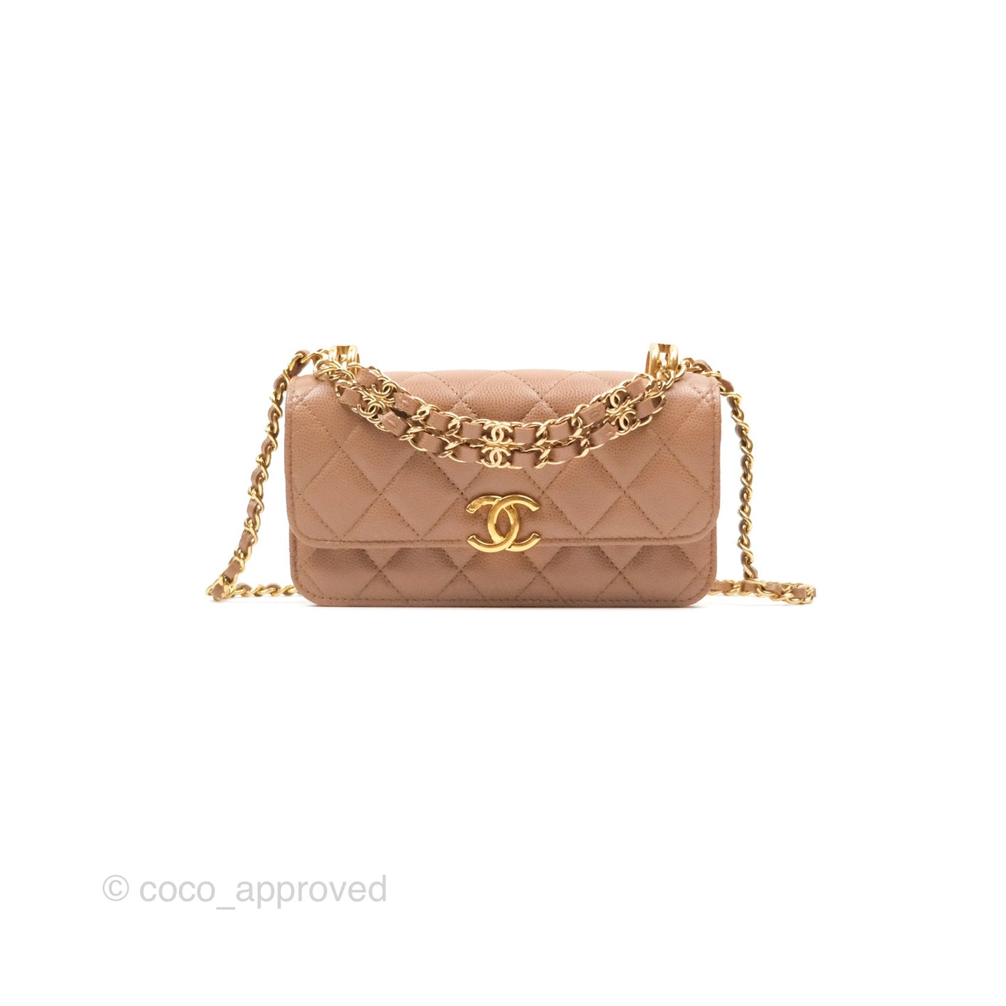 Chanel Coco First Phone Holder Dark Beige Caviar Gold Hardware 22K