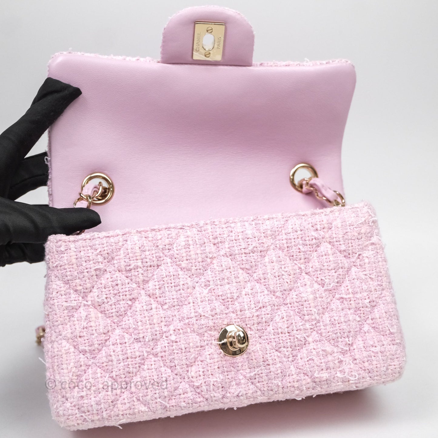 Chanel Classic Mini Rectangular Flap Pink Tweed Gold Hardware