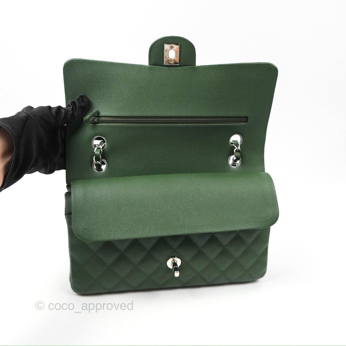 Chanel Classic M/L Medium Flap Quilted Dark Green Caviar Silver Hardware