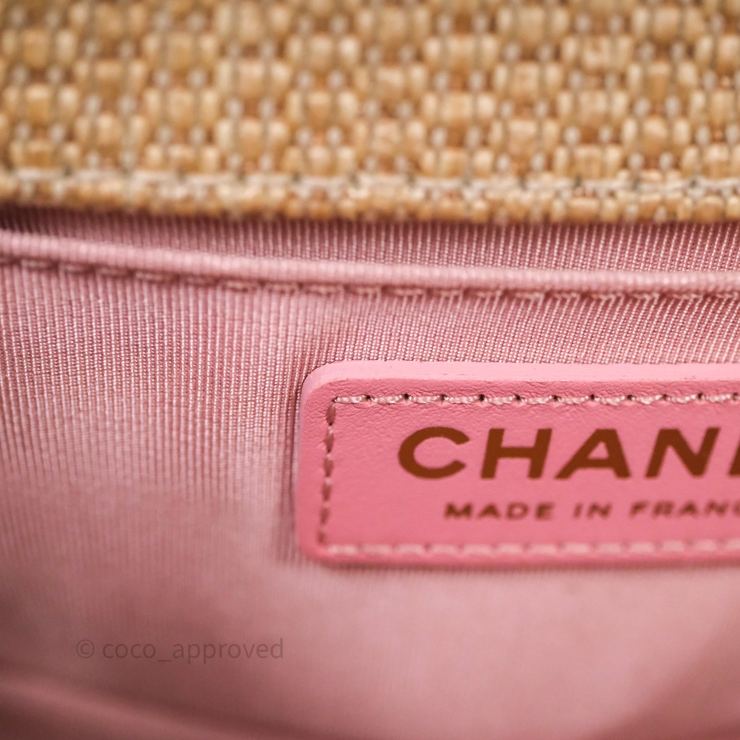 Chanel Small Boy Chevron Raffia Metallic Pink Aged Gold Hardware