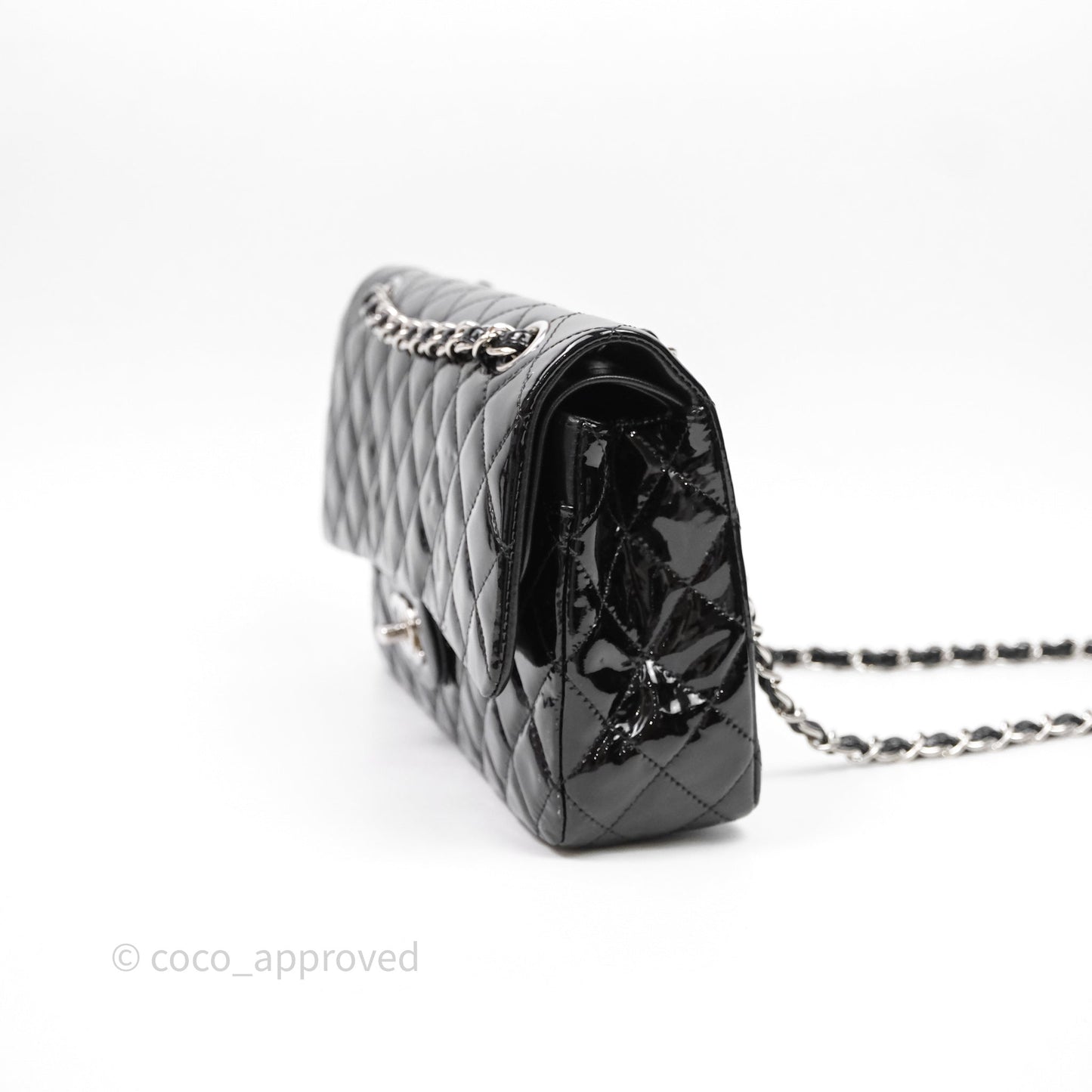 Chanel Medium Classic Flap Quilted Black Patent Silver Hardware