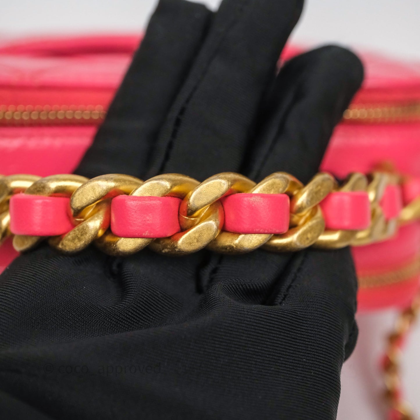 Chanel Small Top Handle Vanity Case Hot Pink Shiny Crumpled Calfskin Aged Gold Hardware