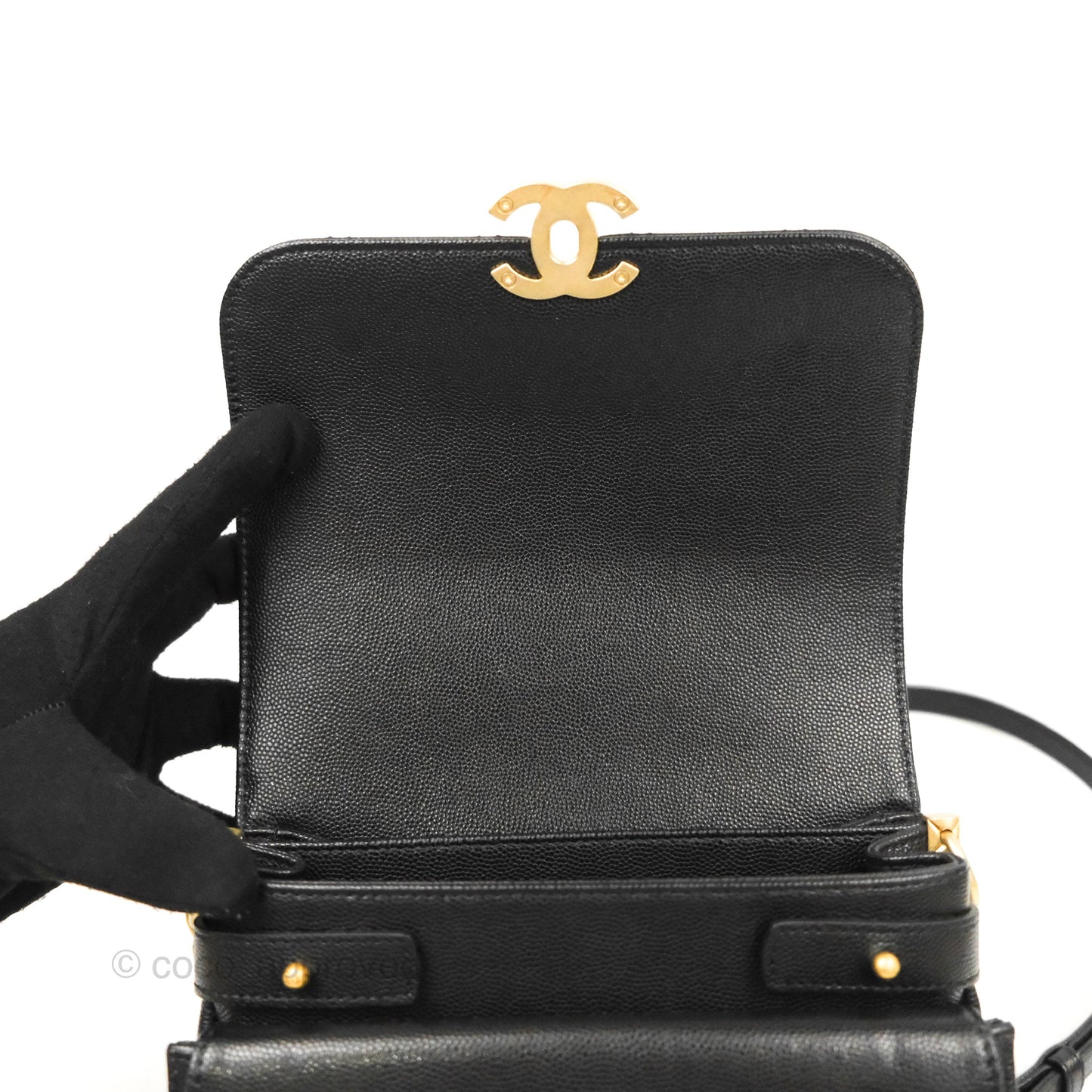 Chanel Mini Messenger Bag Black Caviar Aged Gold Hardware 21K
