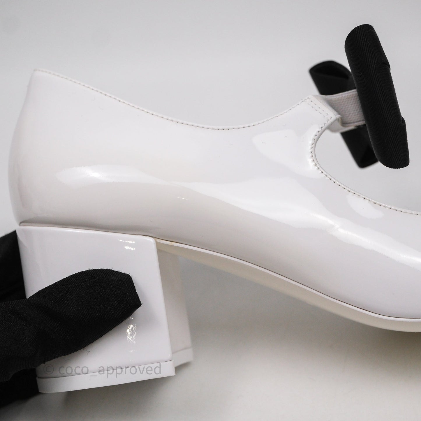 Chanel CC Ribbon Mary Jane Block Heels White Patent Size 39