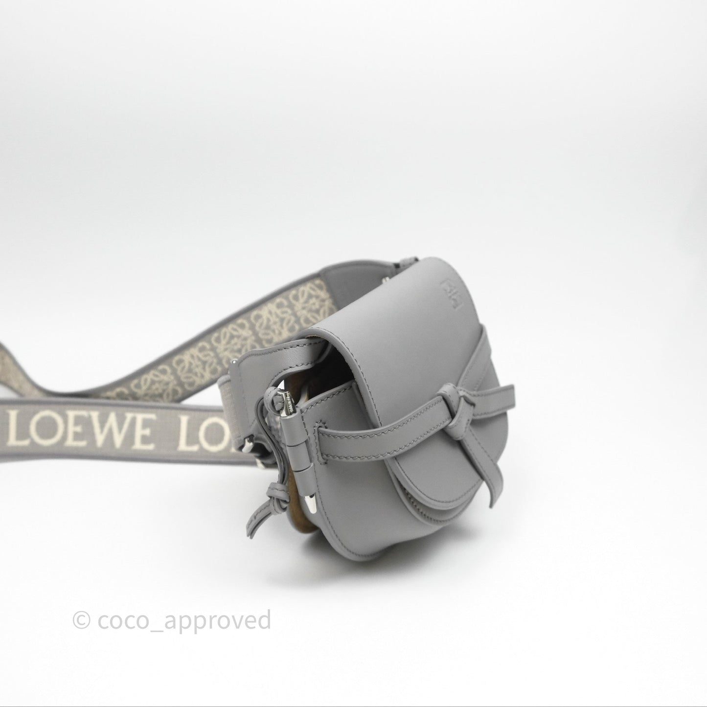 Loewe Mini Gate Dual Bag in Soft Calfskin & Jacquard Strap Light Grey