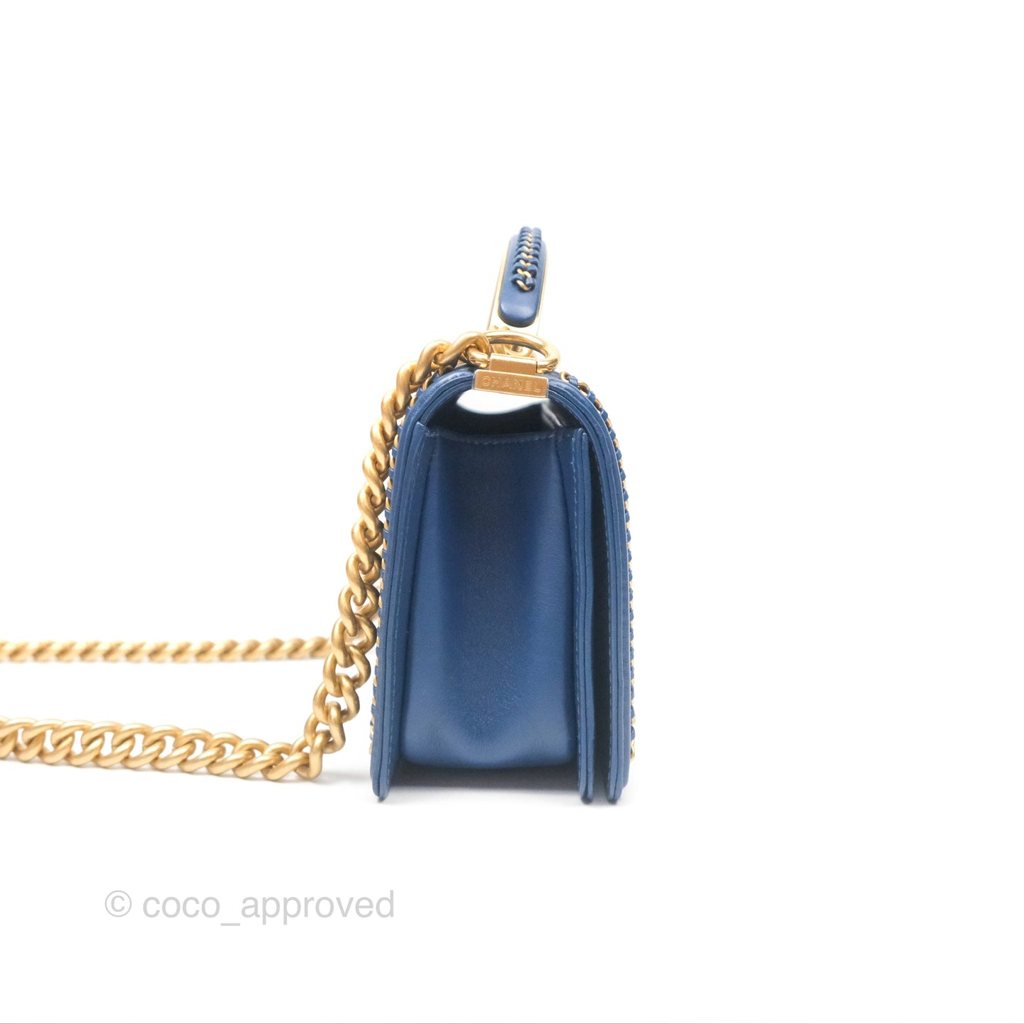 Chanel Quilted Medium Boy With Handle Dark Blue Calfskin Aged Gold Hardware