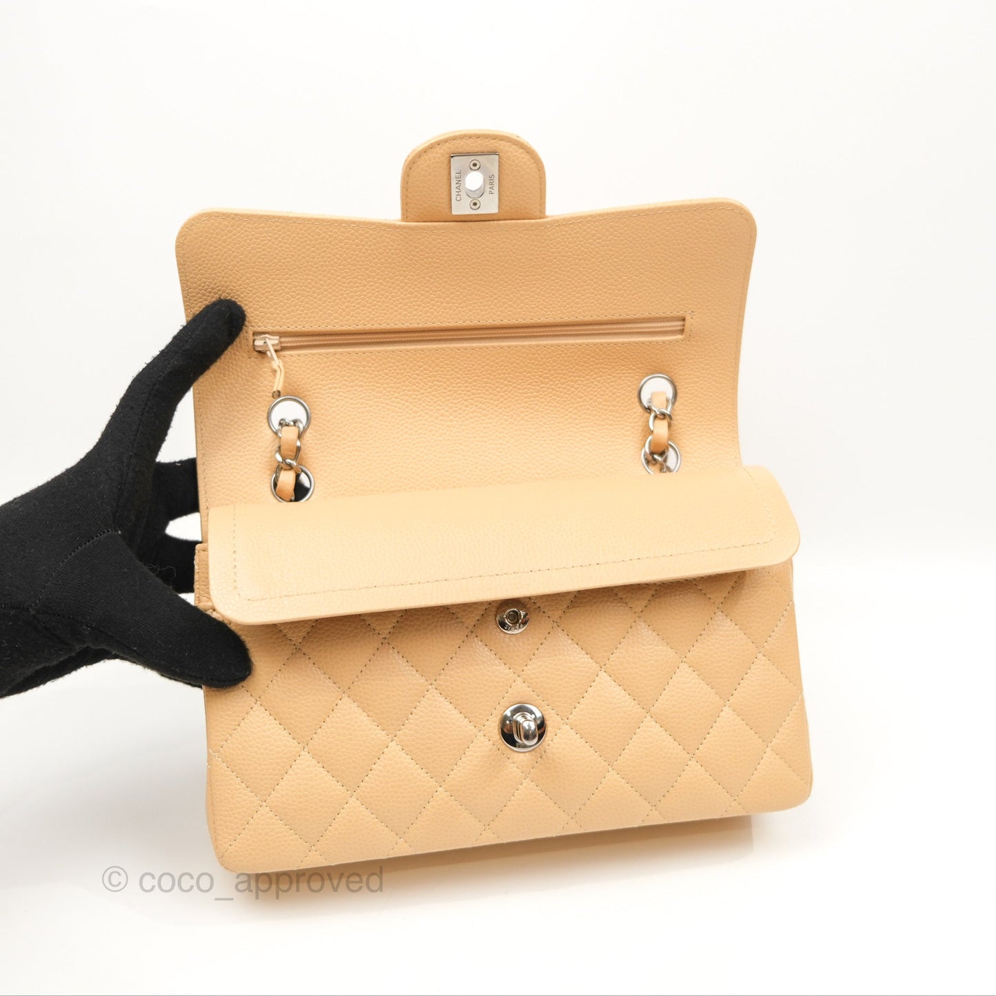 Chanel Small Classic Quilted Flap Beige Caviar Silver Hardware