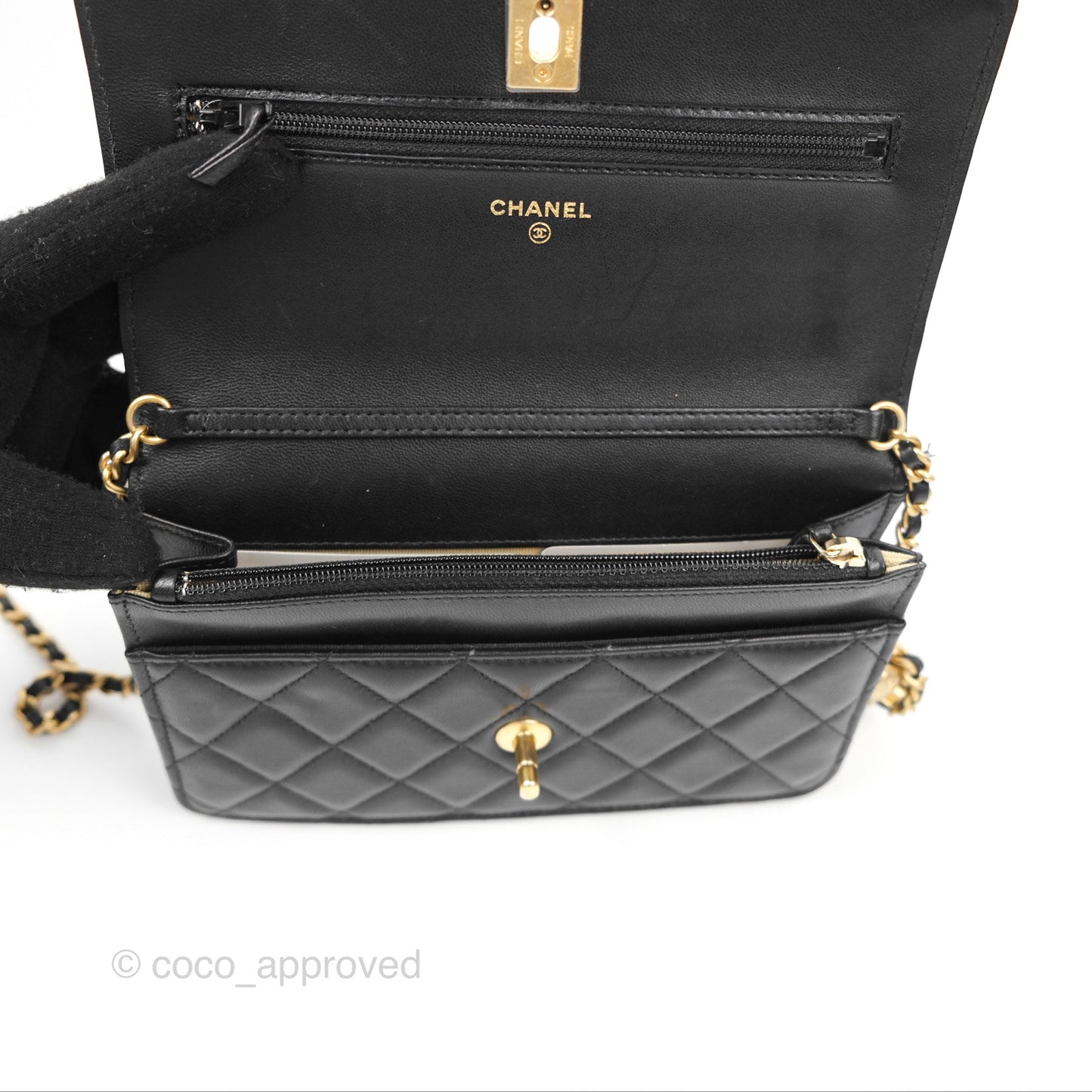 Chanel Quilted Pearl Crush Wallet on Chain WOC Black Lambskin Aged Gold Hardware