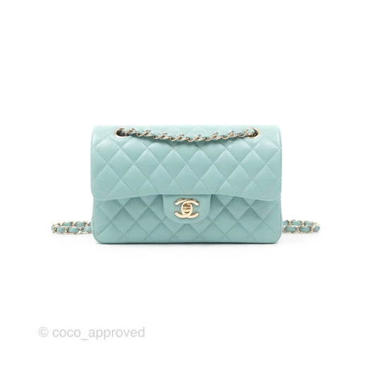 Chanel Small Classic Quilted Flap Tiffany Green Caviar Gold Hardware