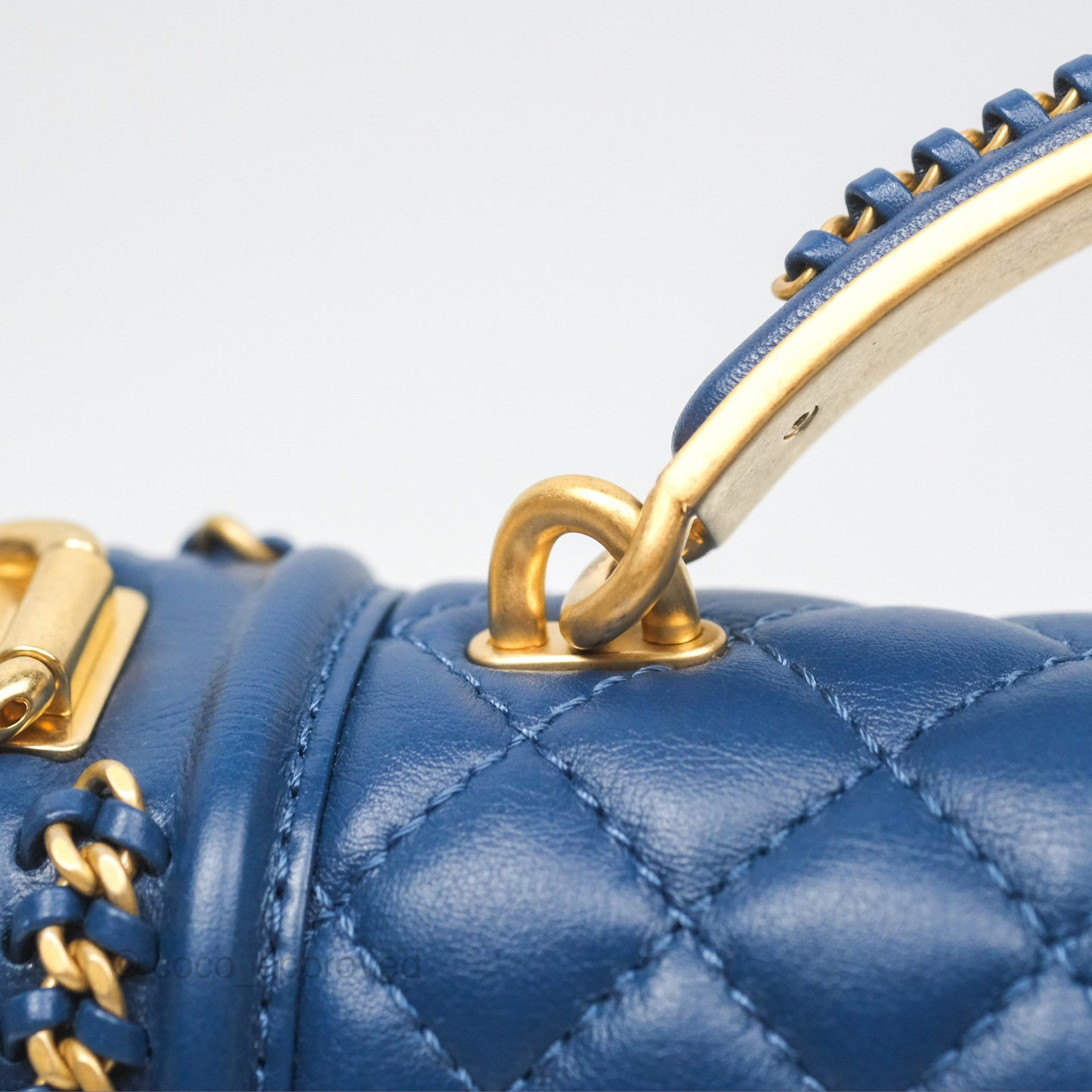 Chanel Quilted Medium Boy With Handle Dark Blue Calfskin Aged Gold Hardware