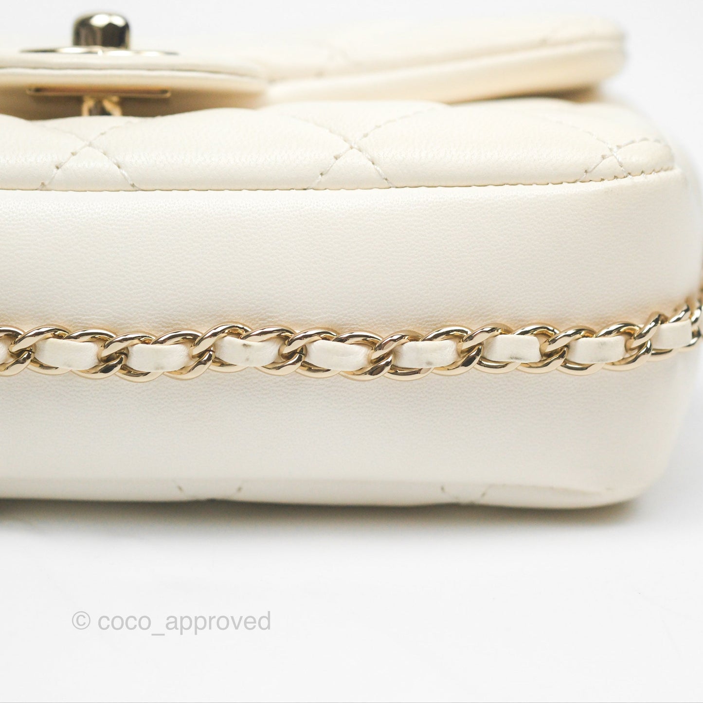 Chanel Small Logo Pearl Chain Flap Bag White Lambskin Gold Hardware