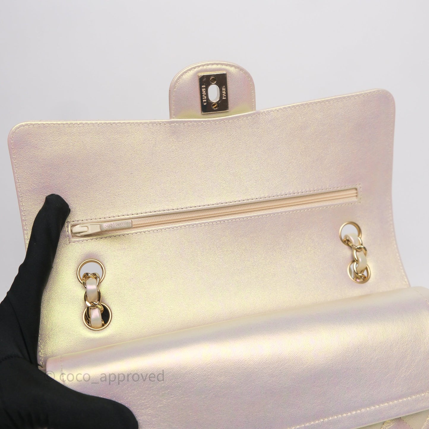 Chanel Classic Medium Double Flap Iridescent Beige Gold Hardware 21S