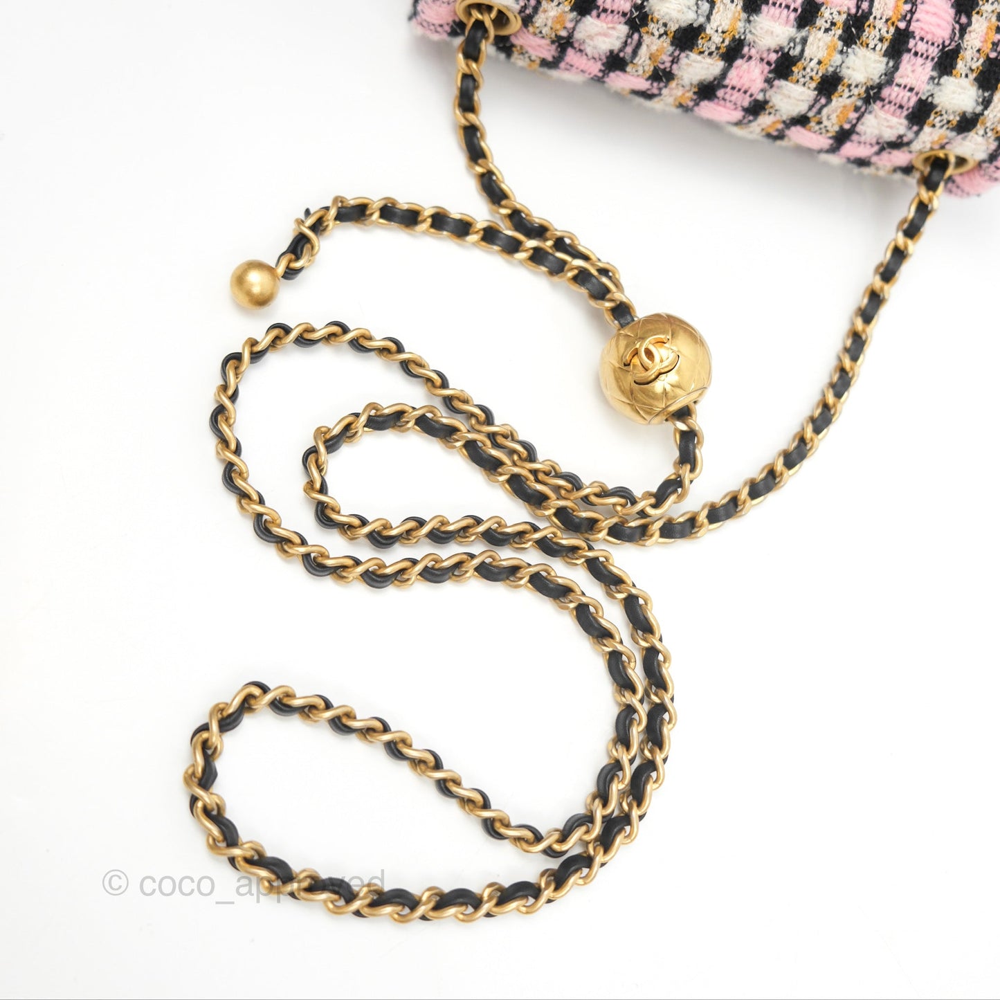 Chanel Pearl Crush Mini Square Quilted Pink Tweed Aged Gold Hardware