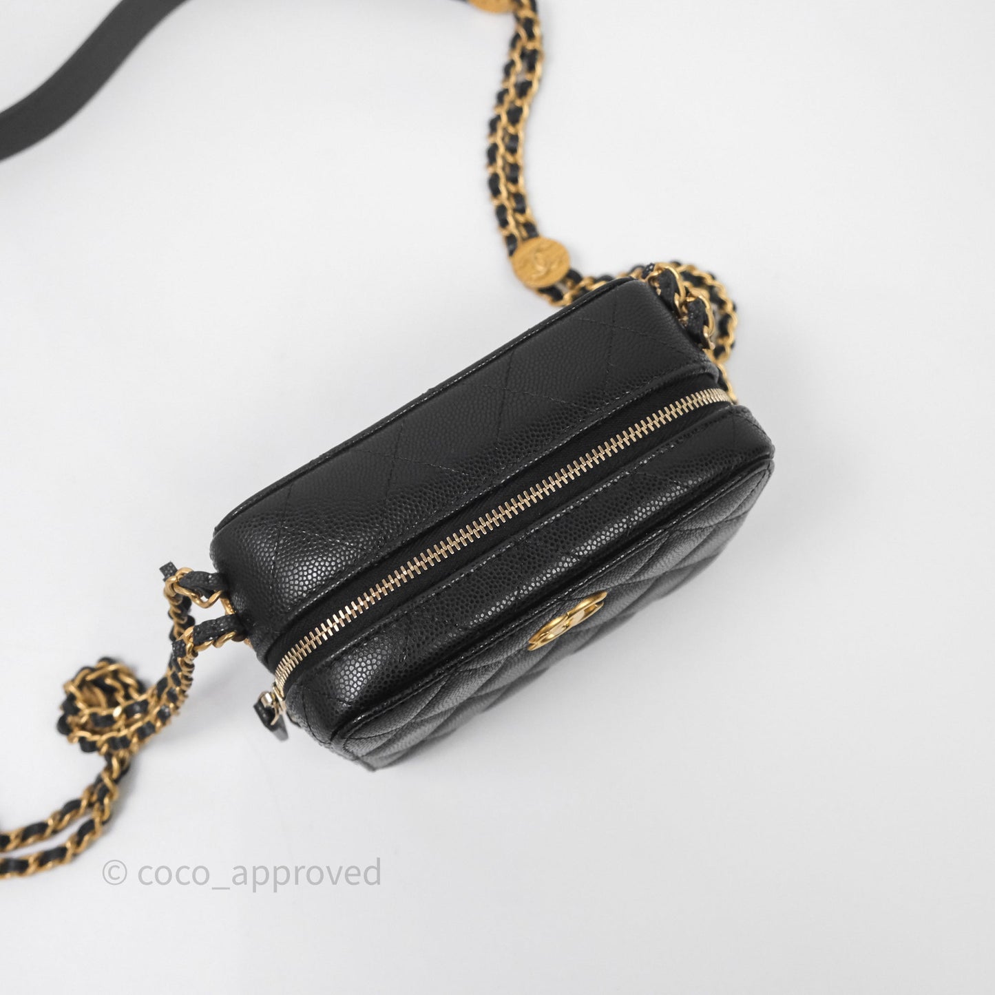 Chanel Quilted CC Coins Purse Chain Camera Case Black Caviar Aged Gold Hardware
