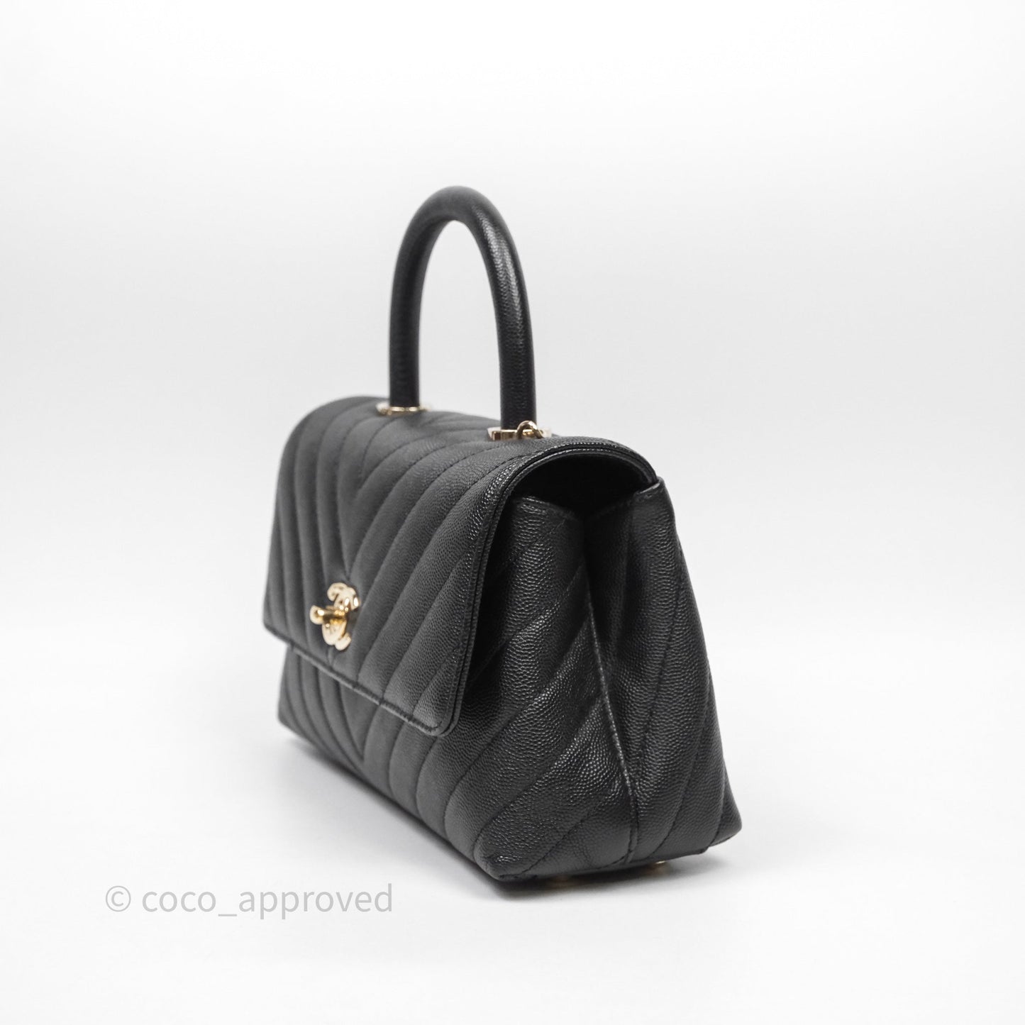 Chanel Small Coco Handle Chevron Black Caviar Gold Hardware Lizard Handle