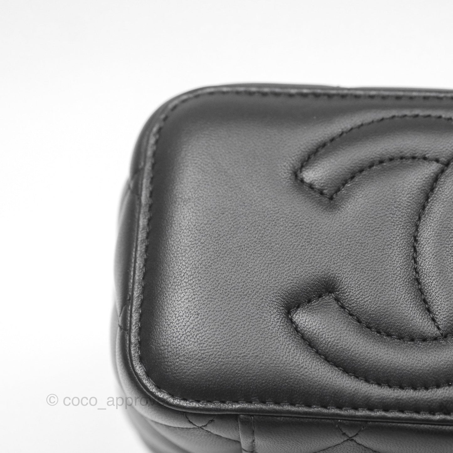 Chanel Quilted Vanity Rectangular with Camellia Adjustable Chain Black Lambskin 23S