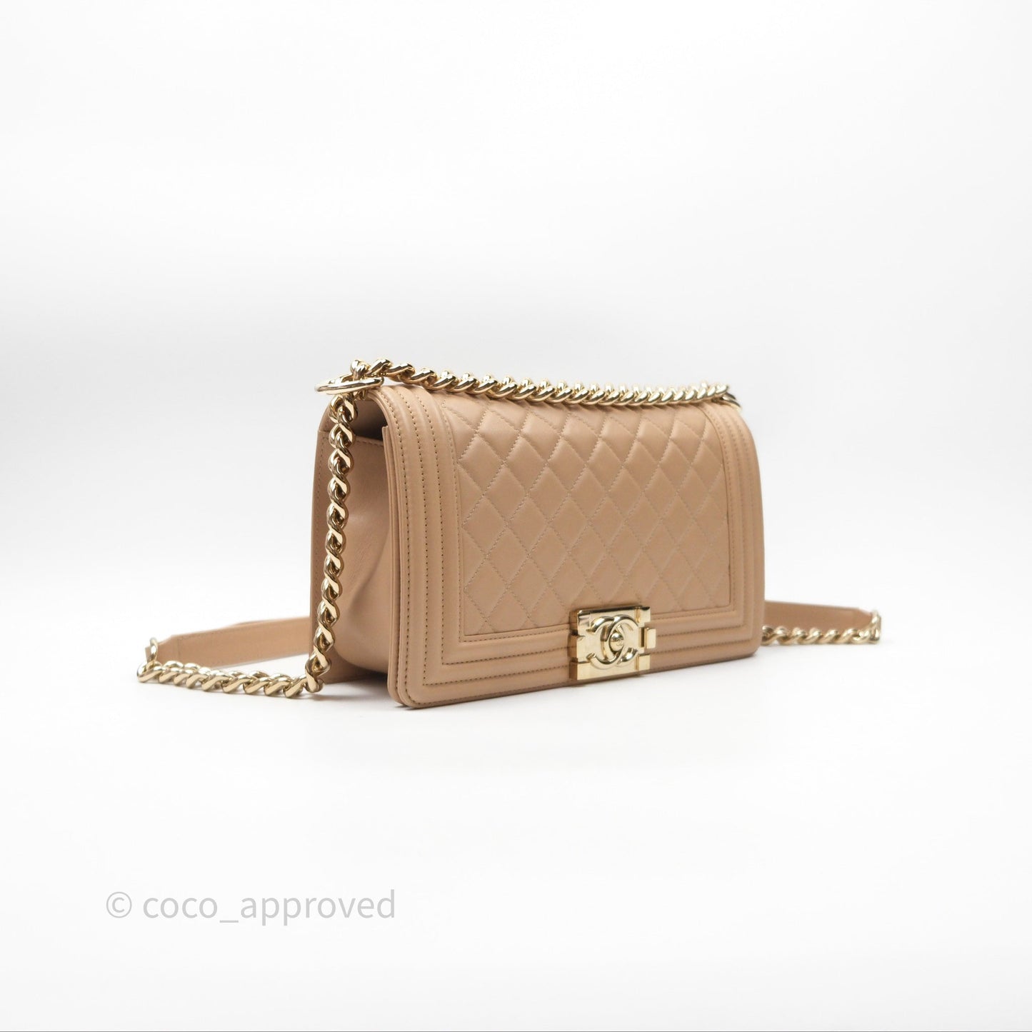 Chanel Boy Quilted Medium Beige Calfskin Gold Hardware