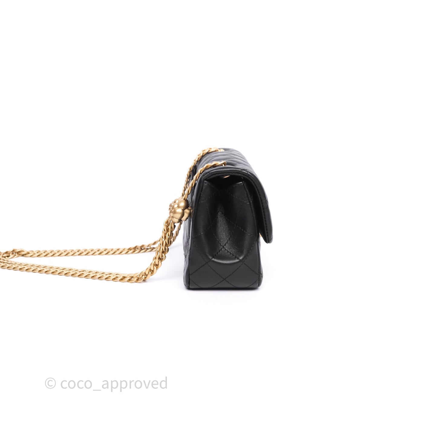 Chanel Mini Rectangular Flap with Camellia Adjustable Chain Black Lambskin Aged Gold Hardware