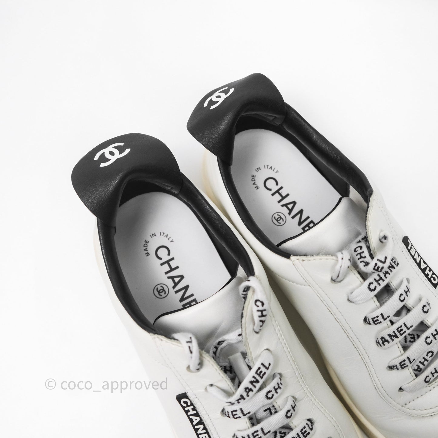 Chanel Logo Pull Tab Lace-up Sneakers White & Black Size 37.5