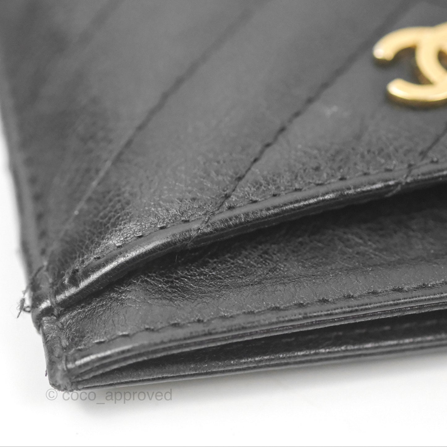 Chanel Classic Flat Card Holder Chevron Black Calfskin Gold Hardware